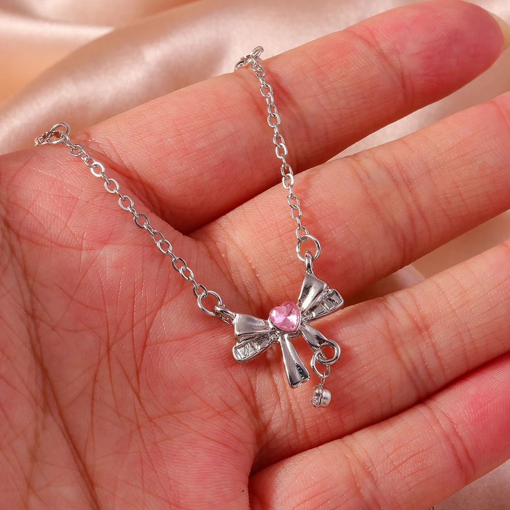 Aihua Korea Design Rosa Zirkon Kristall Bowknot Halsketten Mode Temperament Schlüsselbein Kette für Frauen Mädchen Trendy Schmuck Geschenke – Detail 3