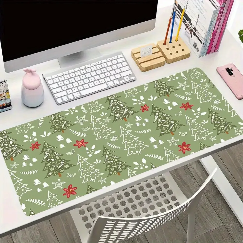 

Christmas-themed mousepad is made of anti-slip rubber with green pine trees, red decorations snowflakes is washable and durable