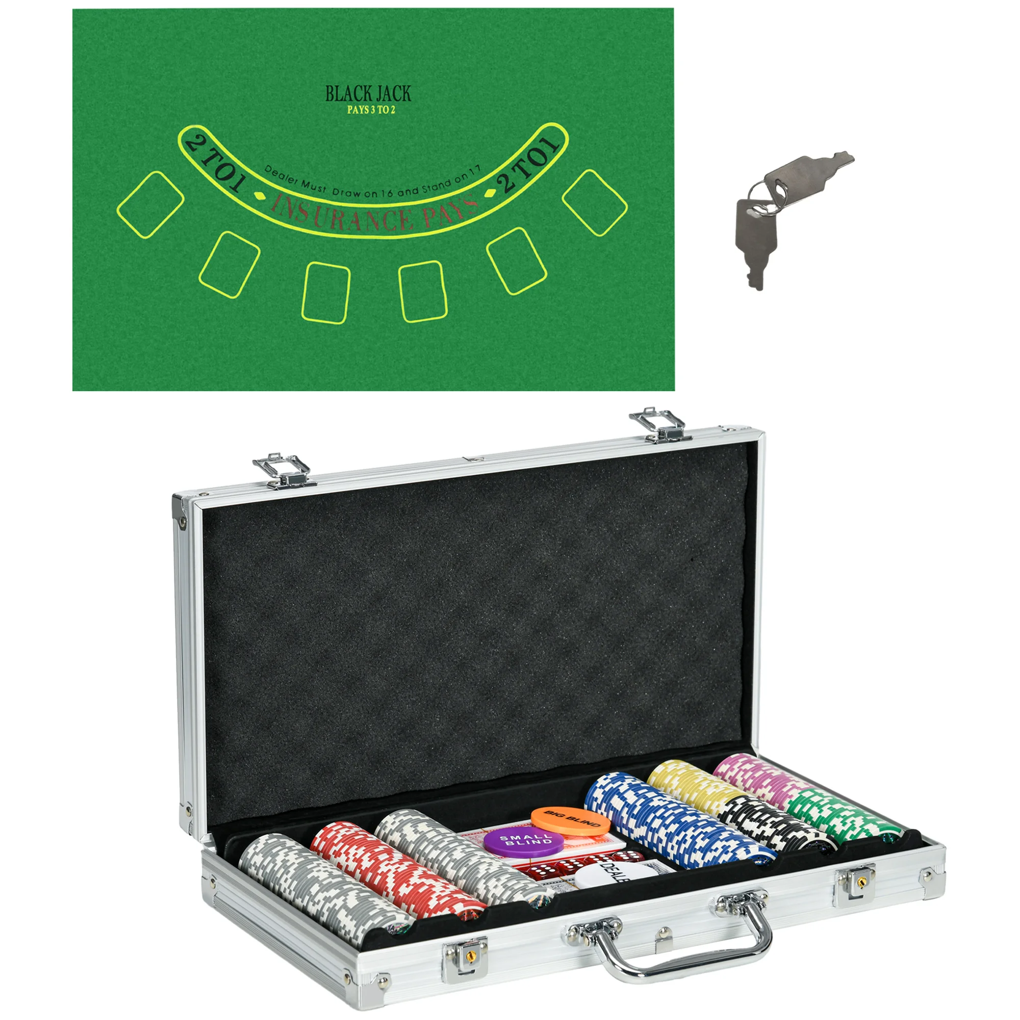 Image of Silbernes Poker-Set im Koffer, 300 Chips 11,5g, Abschließbar mit 2 Kartenspielen, 5 Würfeln & Dealer-Buttons für Texas Hold'em & Casino-Spiele