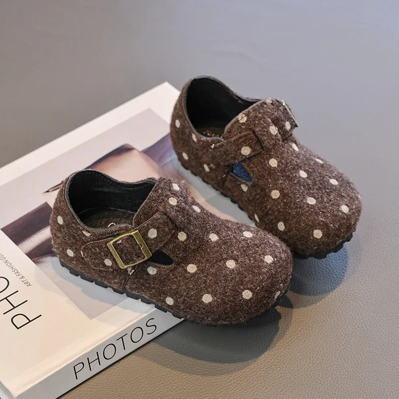 Mumoresip Kids Winter Causal Shoes Vintage Little Girls Polka Dot Dress Shoes Round-toe Soft Bottom Children Outdoor Flat Shoes