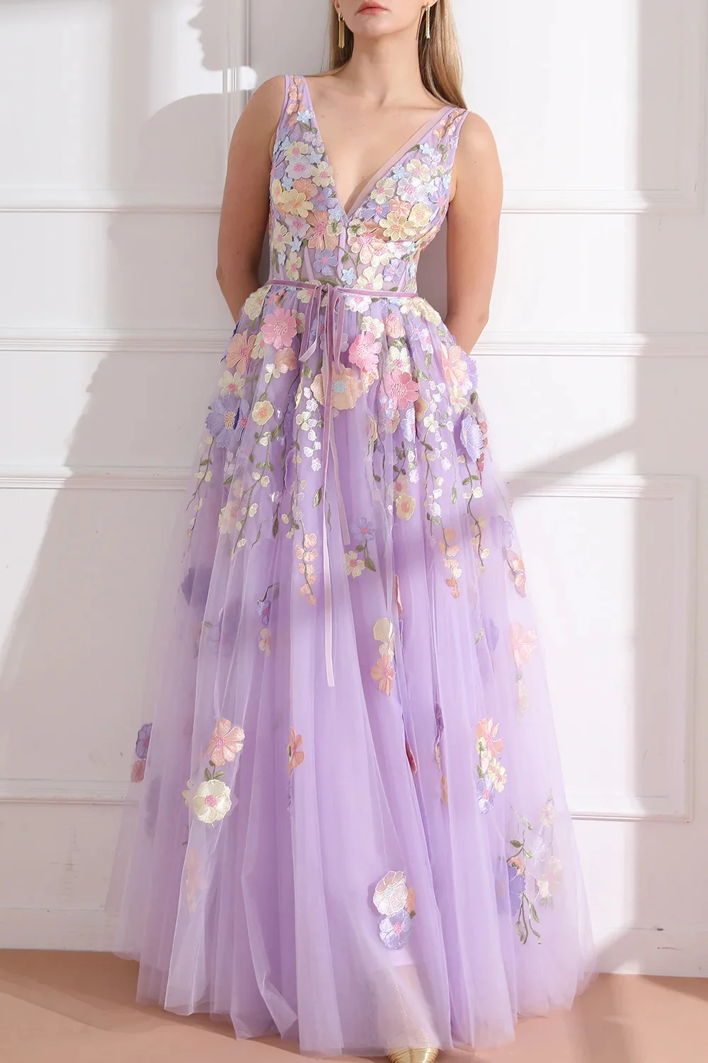 Jessica Purple 3D Flowers Prom Dress V-neck Tulle Princess Evening Dresses Graduation Special Occasion Wedding Party Dresses