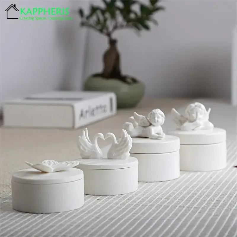 European Candle Jars with Lids Wholesale Ceramic White Empty Candle Jar Vessels Little Angle Tea Coffee Sugar Storage Jars