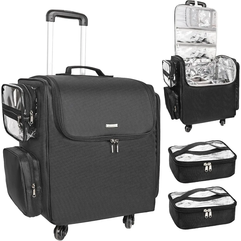 Rolling Makeup Train Case, Hairstylist Traveling Bag with 4 Wheels, Heat Insulation Full Layer, Adjustable Dividers