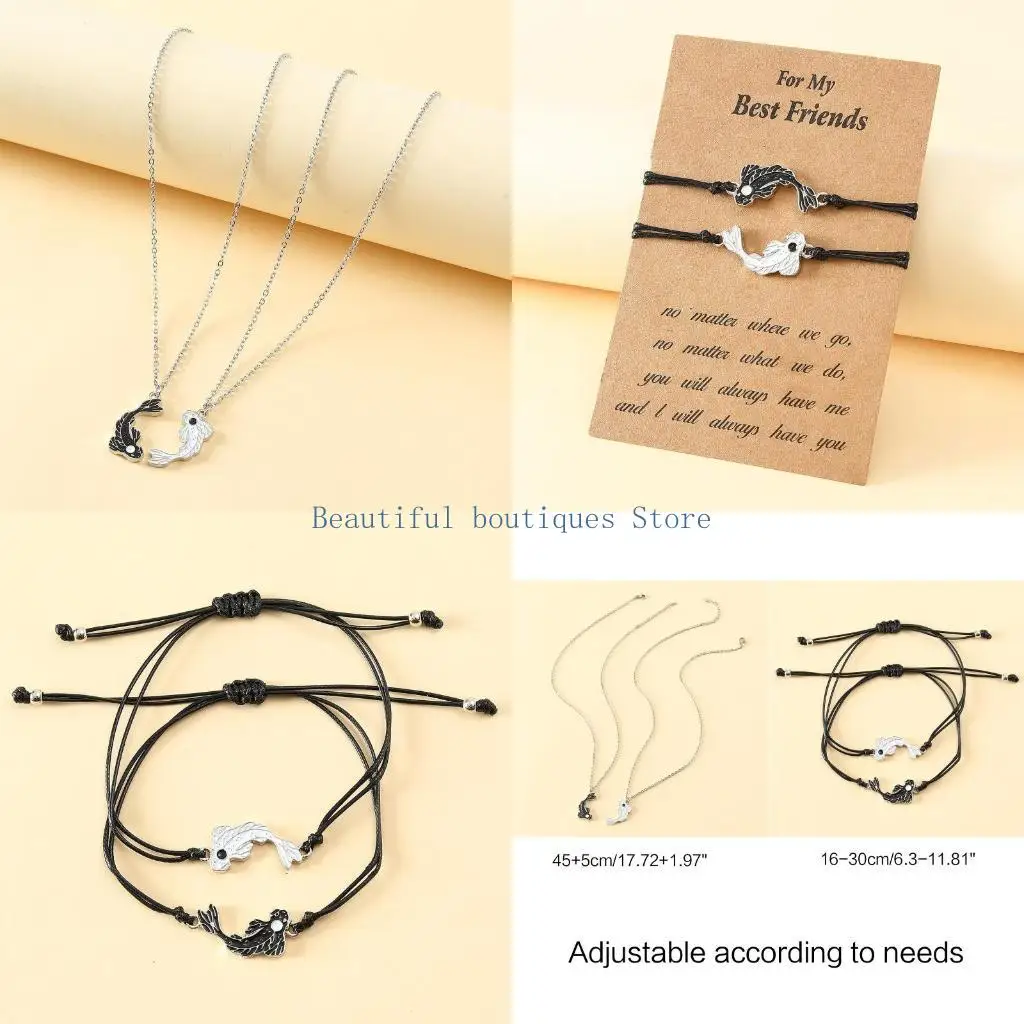 U4LF 1/2x  Couple Braided Rope Bracelet Tai for Chi Yin Yang Fish Bracelet Adjustable Cord Bracelet Necklace Set Lover Jewelr