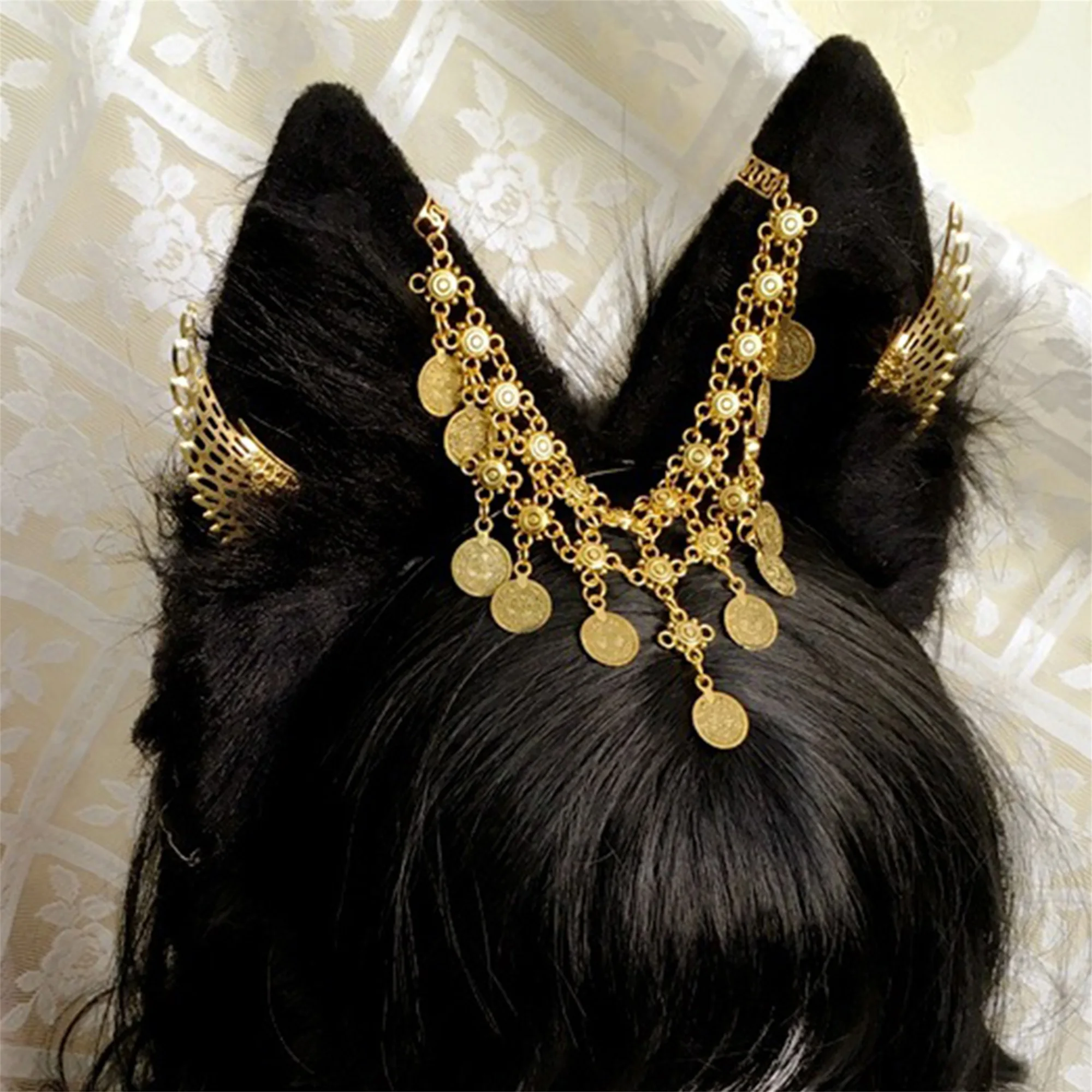 

Повязка на голову с черными кошачьими ушками и блестящей цепочкой на лоб со стразами для Хэллоуина, костюм, вечерние аксессуары для наряда для женщин и девочек