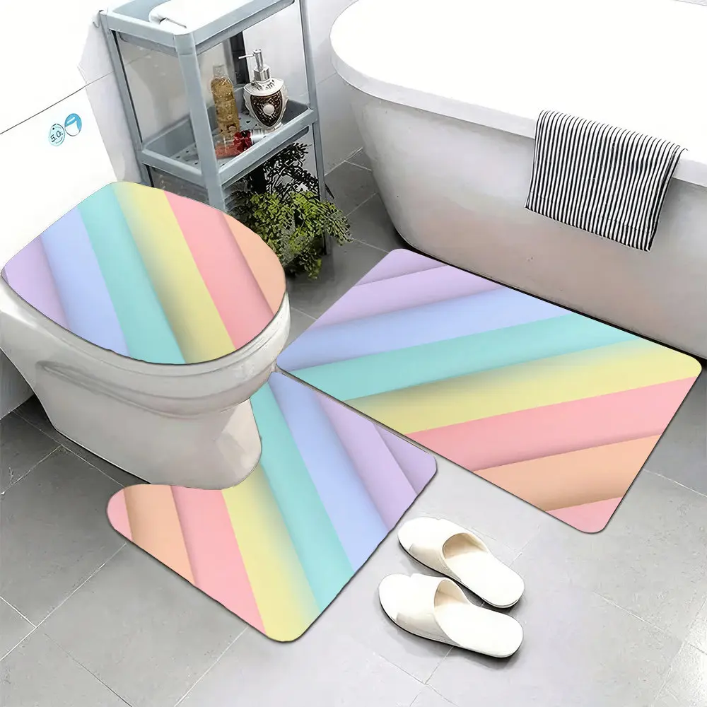 

Набор из 3 супермягких ковриков для ванной комнаты, с нескользящей основой, пастельным радужным фоном и диагональными линиями, простой минималистичный принт.