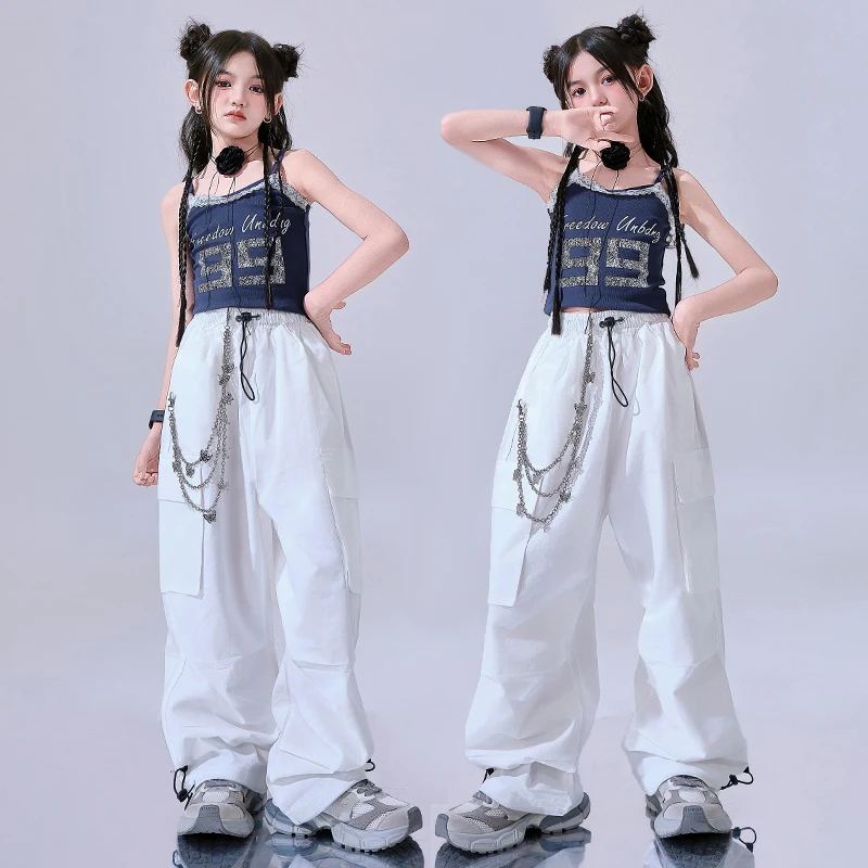 

Jazz Dance Clothing Kids Street Dance Suit Navy Blue Vest White Loose Trouser Hip Hop Performance Outfit Girls Streetwear 1940