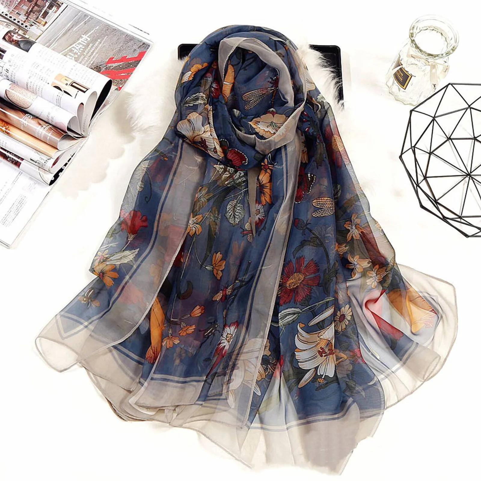 

Women Fashion Chiffon Georgette Silk Scarf for Muslim Peony Flower Headband White Beach Sarong Scarf Shawl HY30 목도리
