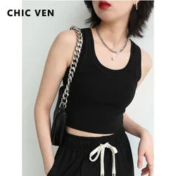 CHIC VEN Women Tank Top Camisole Solid Design Slim Fit Short U-neck Suspender Vest Crop Tops Women Summer Basic Elastic 2023