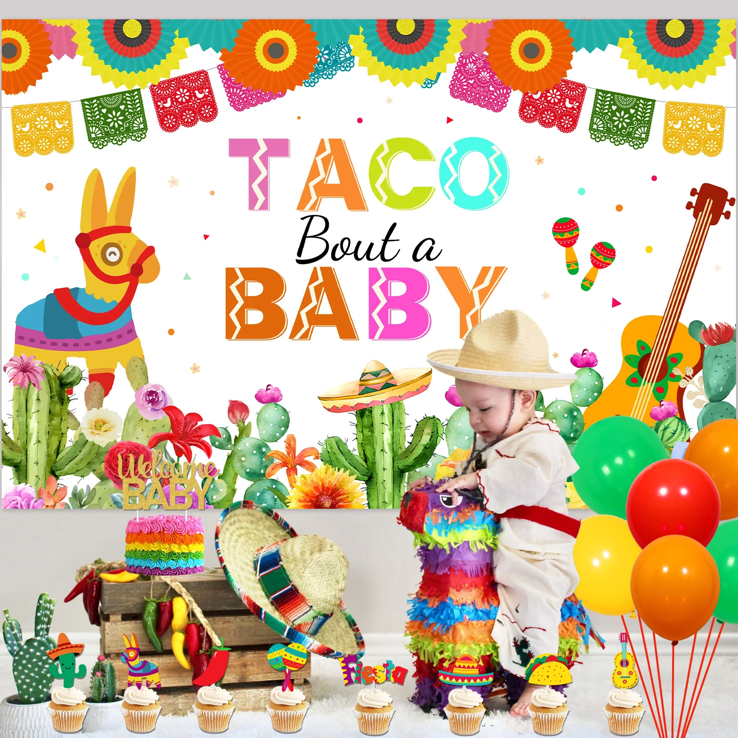 Imagem -03 - Tema Mexicano Backdrop Bolo Toppers Taco Bout Decoração do Chuveiro do Bebê Fiesta Cinco de Mayo Baby Shower Fontes do Partido