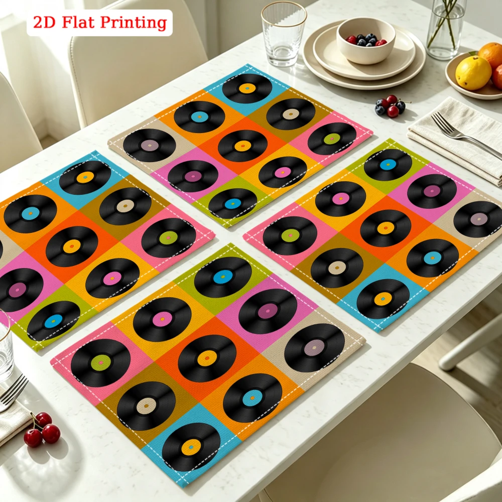2Pcs Retro Vinyl Record Placemat Multicolor Music Disc Print Table Mat Kitchen Dining Decor Protection 30X40Cm