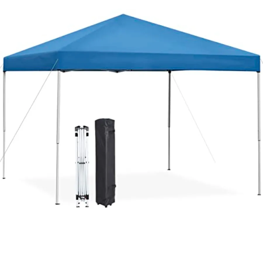 

Outdoor canopy tent for beach and sun protection, blue polyester fabric, instant pop-up setup with straight legs, height adjust