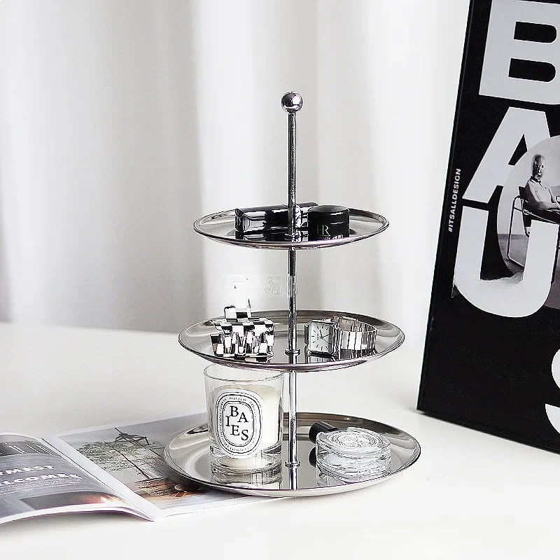 Stainless Steel Organizer Tray for Jewelry Keys Cakes Multi Layer Display Plate Home Store Counter Shelf with Non Slip Base
