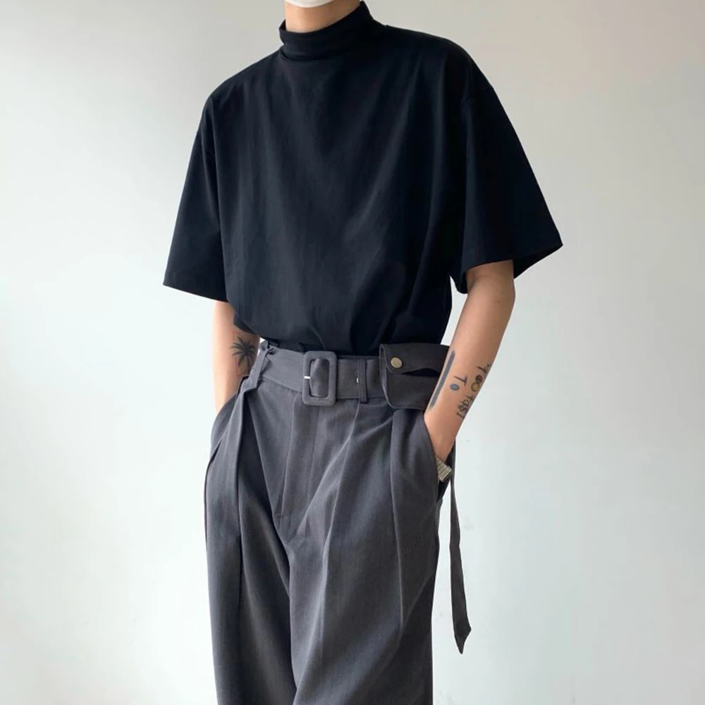 Casual Half Turtleneck Loose Short-Sleeved T-Shirt Unisex 2025 Summer New Style Fashion High-End Trend Solid Color Y2k Tops Men
