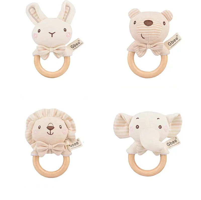 オーガニックコットン木製リングハンドベルアニマルウッドベル新生児ギフトおもちゃベビー布製なだめる人形