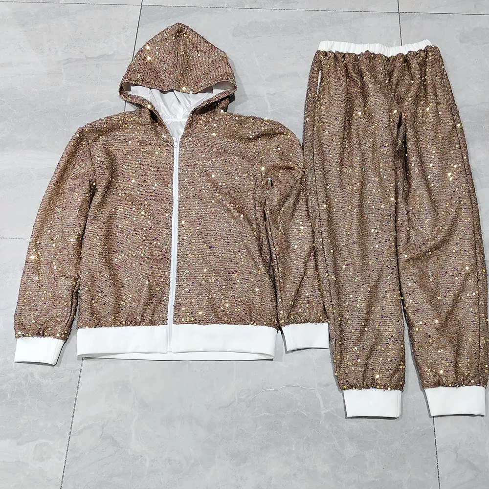 Heren Jazzdanskostuum Glitter Pailletten Capuchon Broek Set Hip Hop Street Dance Outfit Nachtclub Party Stage Show Kostuum