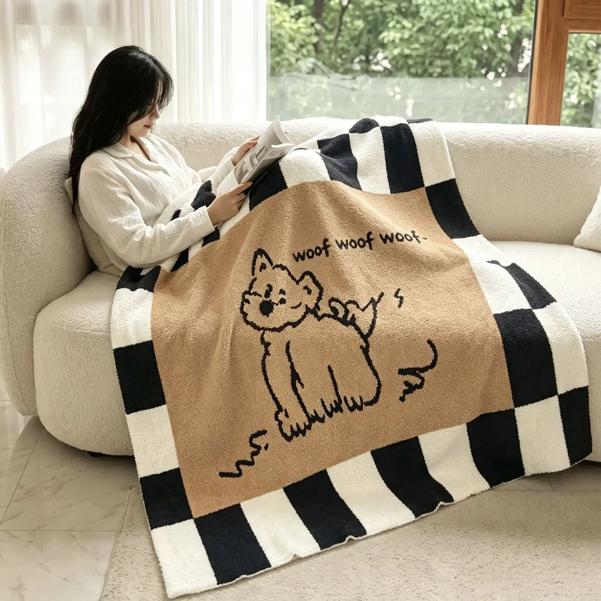Woof Dog Half Fleece Throw Blanket Lightweight Casual Nap Air Conditioning Blanket for Home Office Sofa