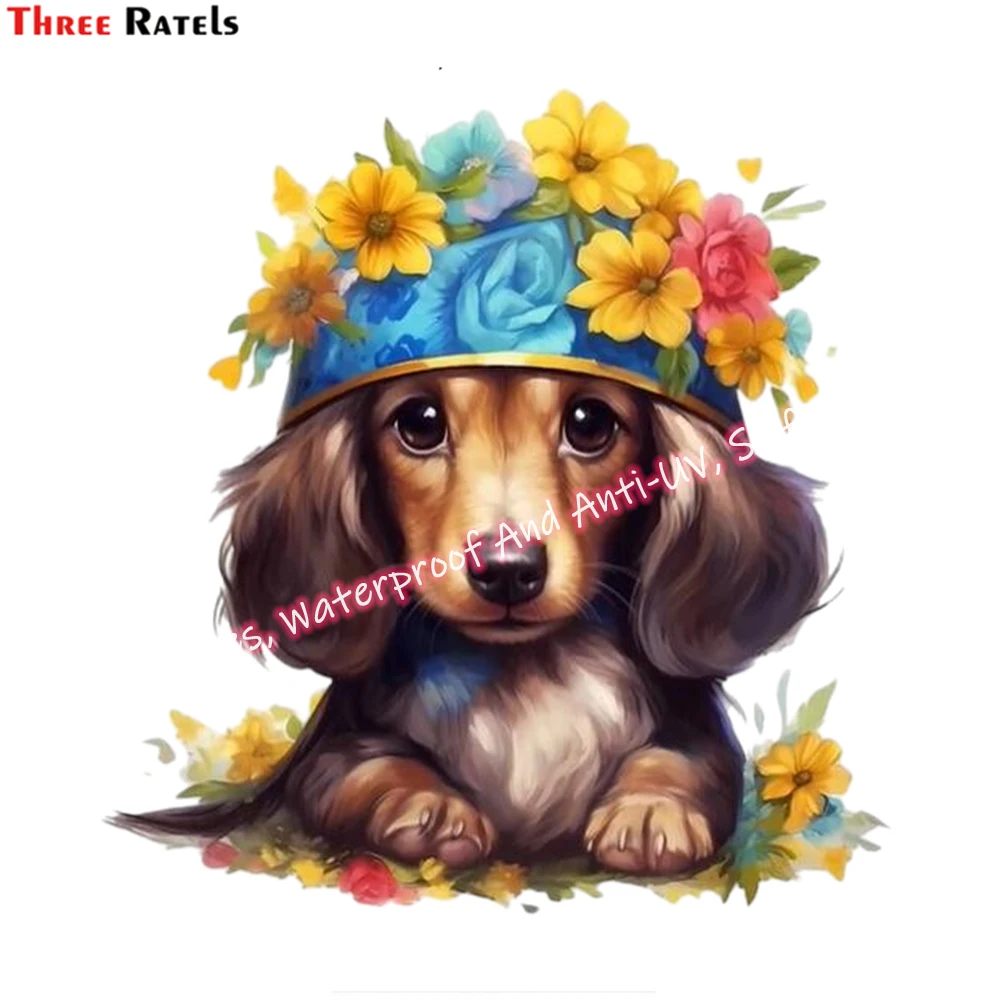 Three Ratels M52 Cute Floral Dachshund Puppy Dog Wall Stickers Home Decoration 3D Adhesive Wallpaper