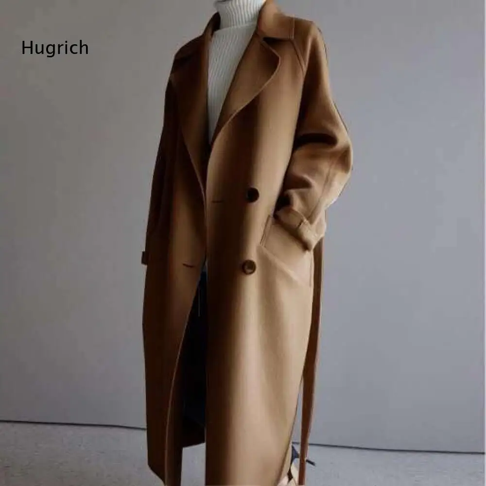 Belted Long Outercoat For Women Notched Collar Double Breasted Loose Fit Overcoat With Pockets For Elegant Cold Season Outfits