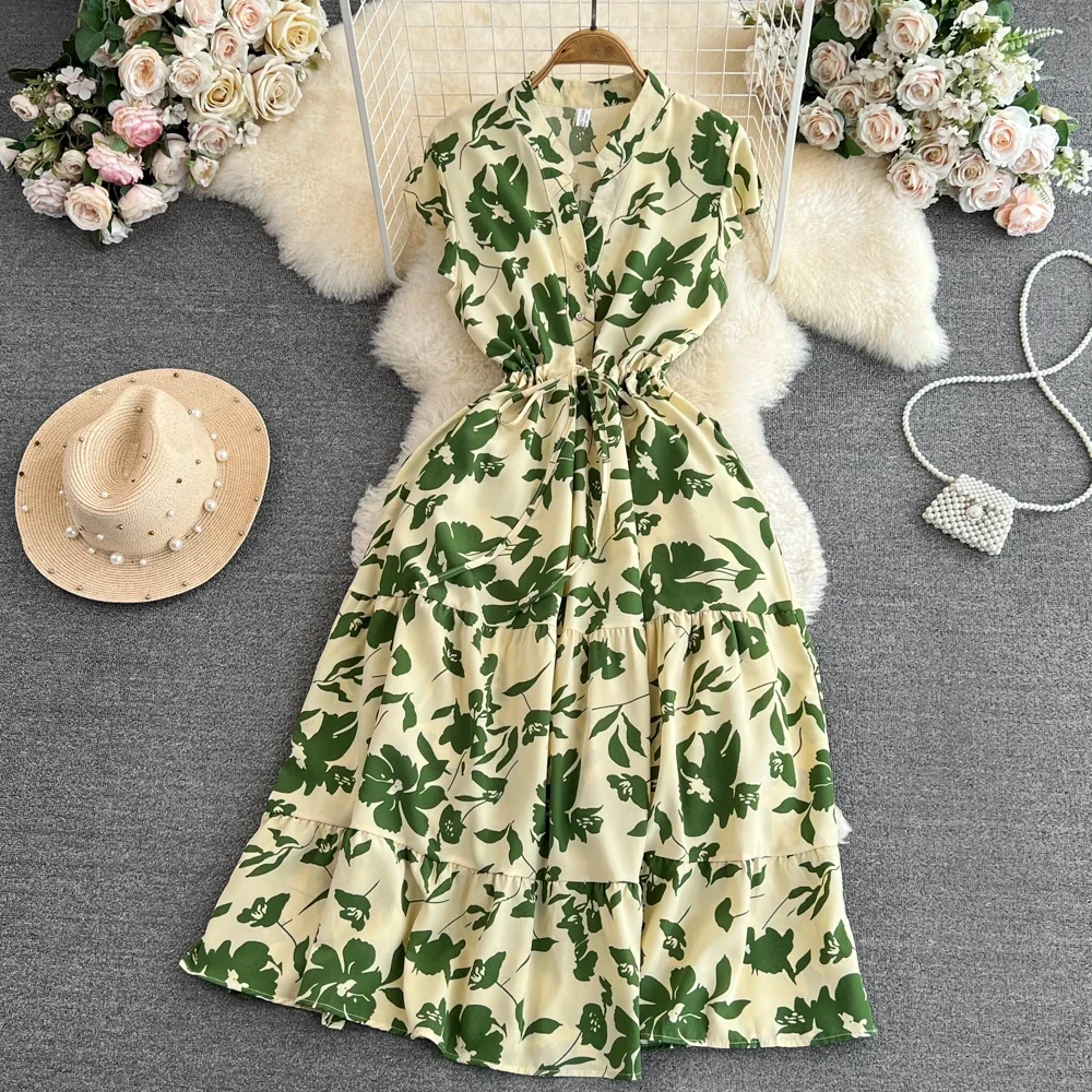 2026 Summer Women Floral Midi Dress Vintage V-Neck Ruffle Hem Elegant Single Breasted Vestidos Female Vacation Beach Robe New