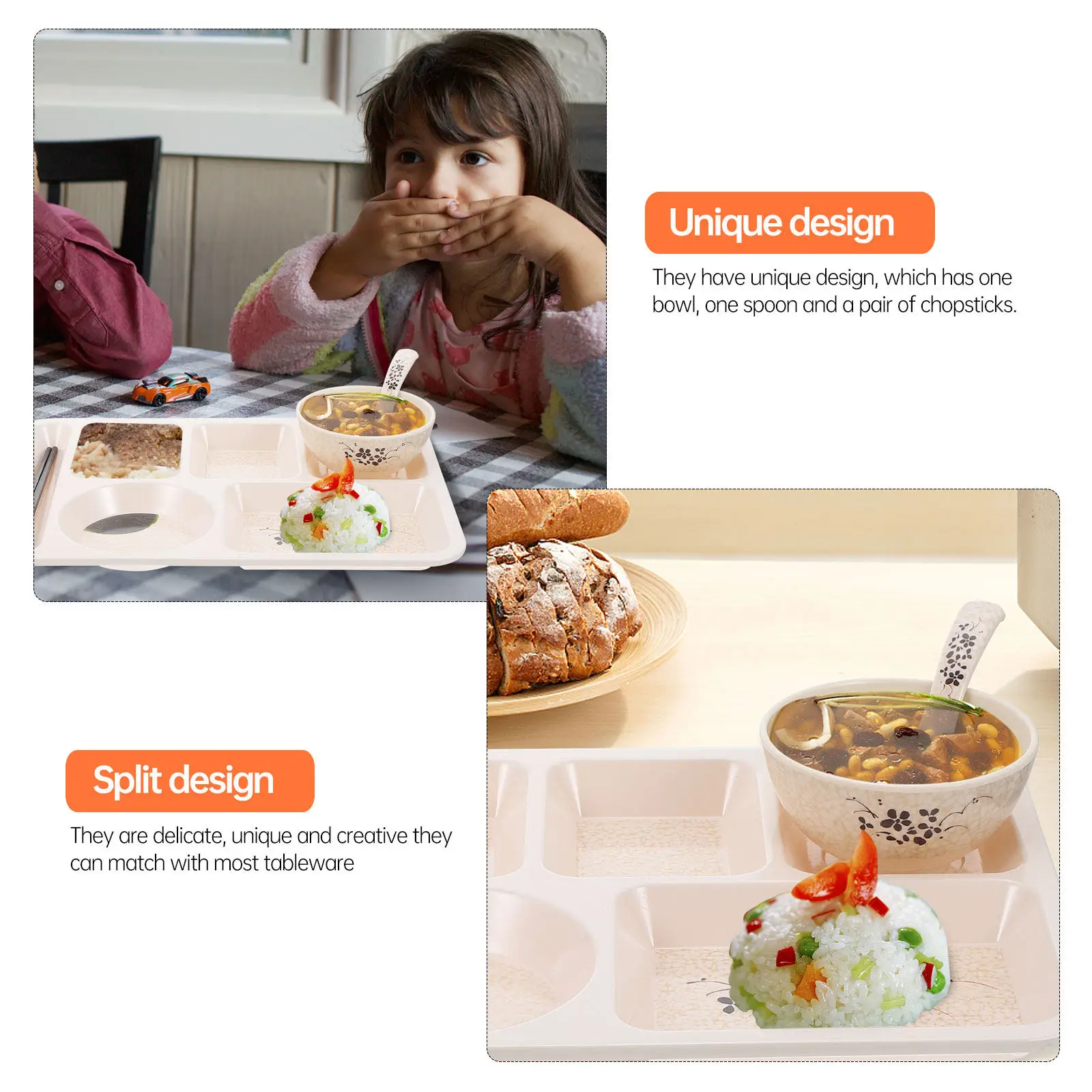1Set Elegant Melamine Divided Serving Tray Set Includes Bowl Spoon Pair Chopsticks Creative Seasoning Dipping Plates for Dining