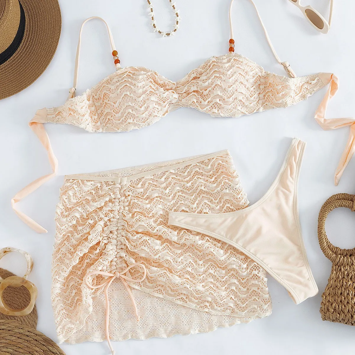 Women lace wrinkled plain beads bikinis sets 3pcs with drawstring mini skirt swimsuit bathing suit beach outfits biquini tankini