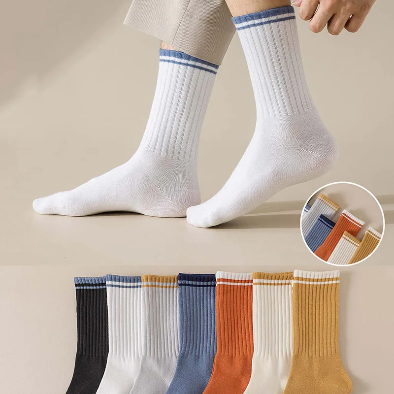 5 Pairs Men Spring Summer Sports Socks Comfortable Breathable Sweat-absorbing Odor-proof Striped Versatile Mid Tube Meias