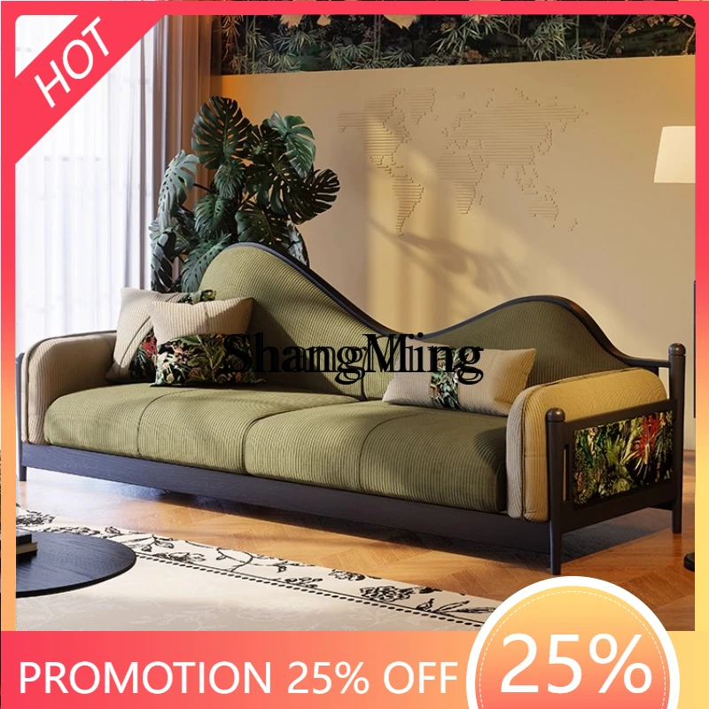 

SM new wood fabric sofa retro small apartment living room antique three-person sofa