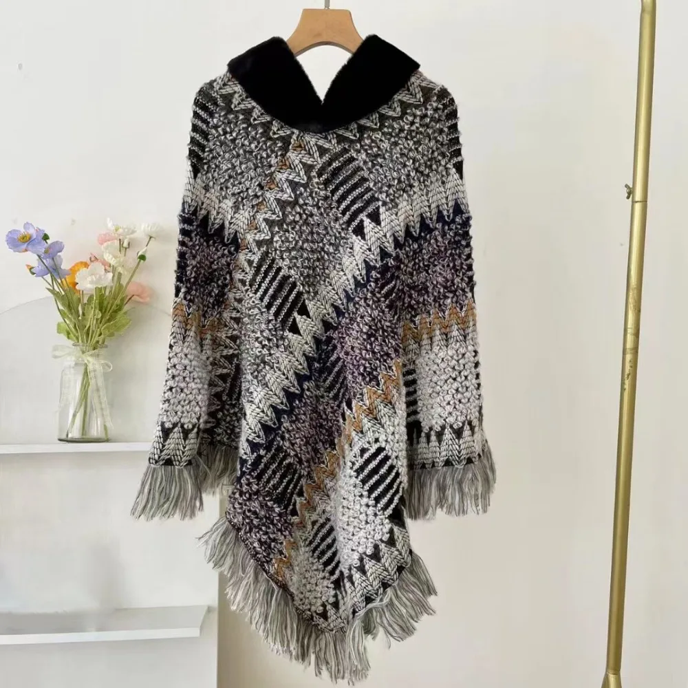 

Зимняя теплая вязаная шаль, вязаный толстый шарф, роскошный элегантный шарф с кисточками, воротник из искусственного меха, шаль