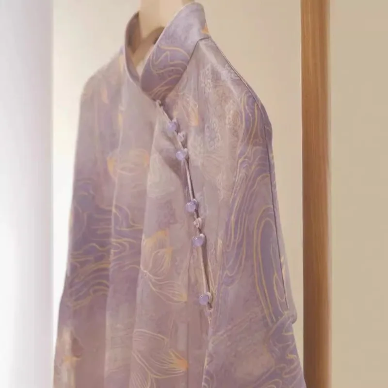 

Light purple mesh button-down shirt, top women's unique design front short back long