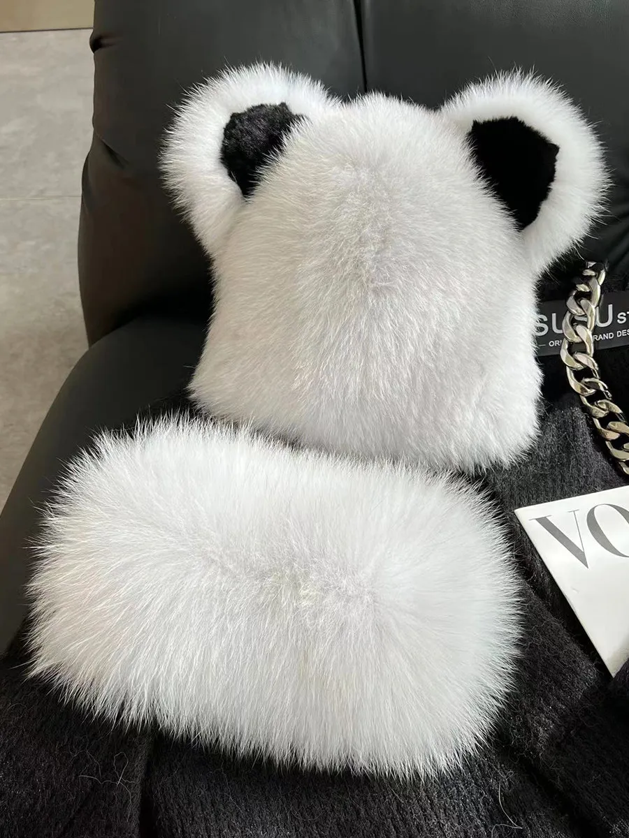 

Winter Real Fox Fur Hat For Women's Neck Warm Fluffy Fox Scarf Set Good Elastic Natural Genuine Knitted Fur Beanies Hats Female