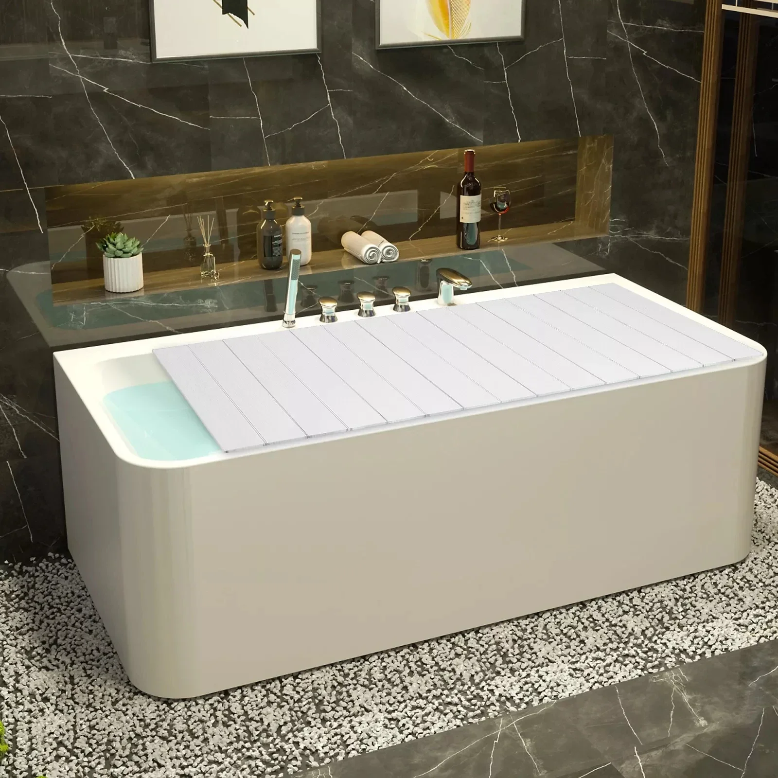 

Folding Bathtub Cover White Wood Grain 80×160cm Thermal Insulation Dust Cover for Bathroom & Home SPA Tub