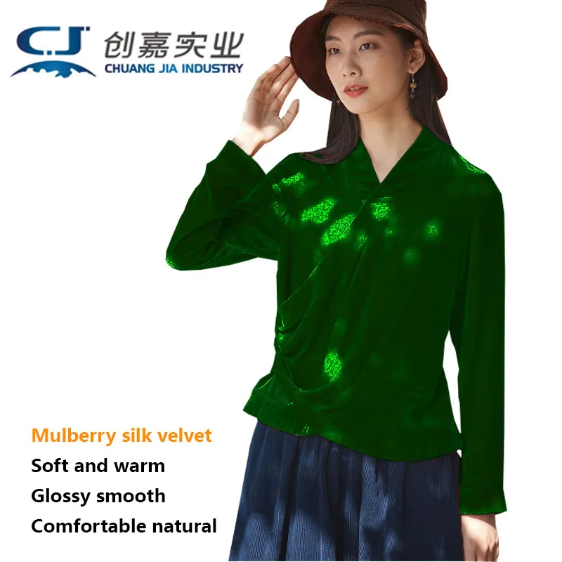 Fengbaoyu High-end Mulberry Silk Velvet Long-sleeved Shirt Casual Temperament Elegant Blue Blouse Soft Comfortable