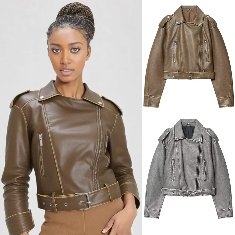 

Autumn Women Leather Jacket Motorcycle Girls Waist Belt Zipper PU Leather Jacket Fall Winter Lady Street Outwear