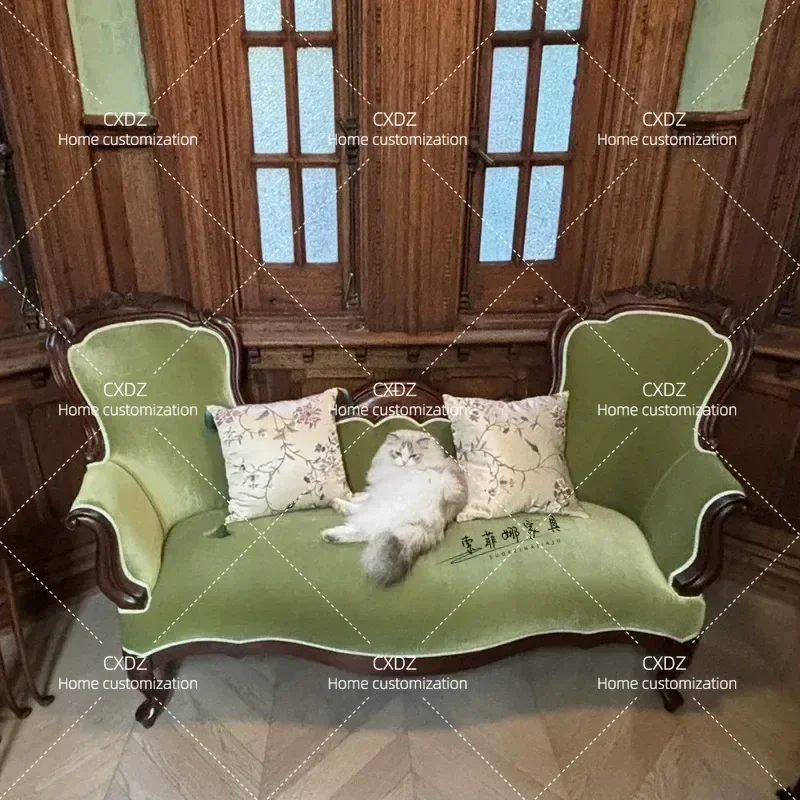 Retro Solid Wood Carved Flower Double Sofa Casual Antique Furniture for Restaurant Studio Model Room