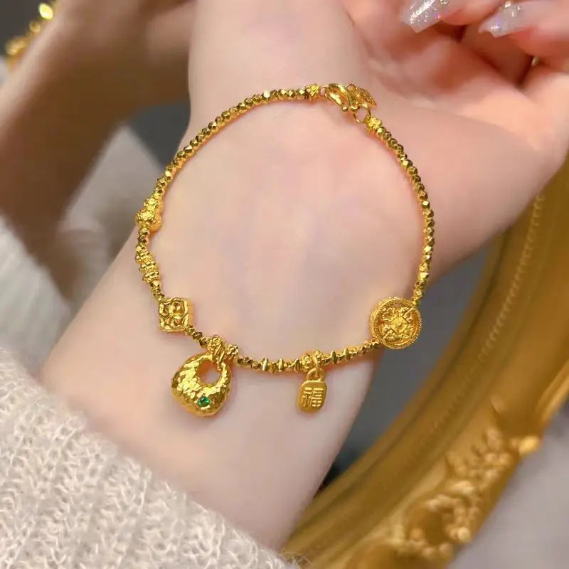 AU999 Flashing Gold Tibetan Bracelet Womens New Wrist Chain 24K Real Gold Bounce Beads Bracelet as a Gift for Girlfriend