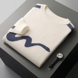 Autumn Winter New Men's Sweater 100% Wool Round Neck Top Casual Knitted Contrasting Color Pullover Long Sleeved Base Sweater