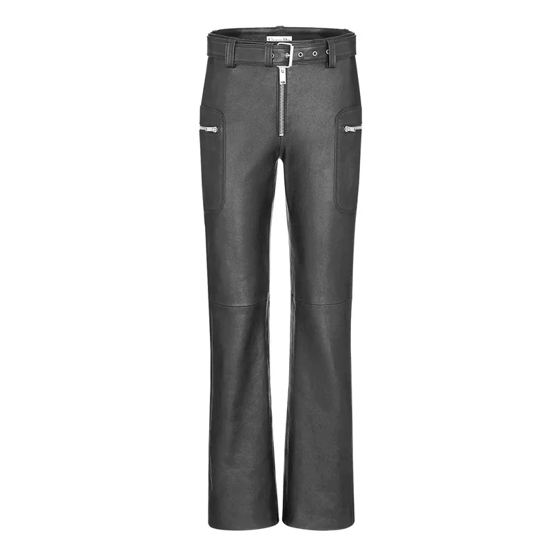 Spring Autumn Cool Black Genuine Leather Pants with Zipper Belt Luxury Designer Fashion Pants Women Elastic Leather Trousers