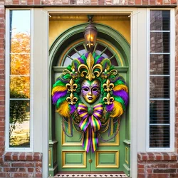 Mardi Gras Decorations Door Cover Banner Mask Feather Garland Print Photography Backdrop Indoor Outdoor Porch Background Decor