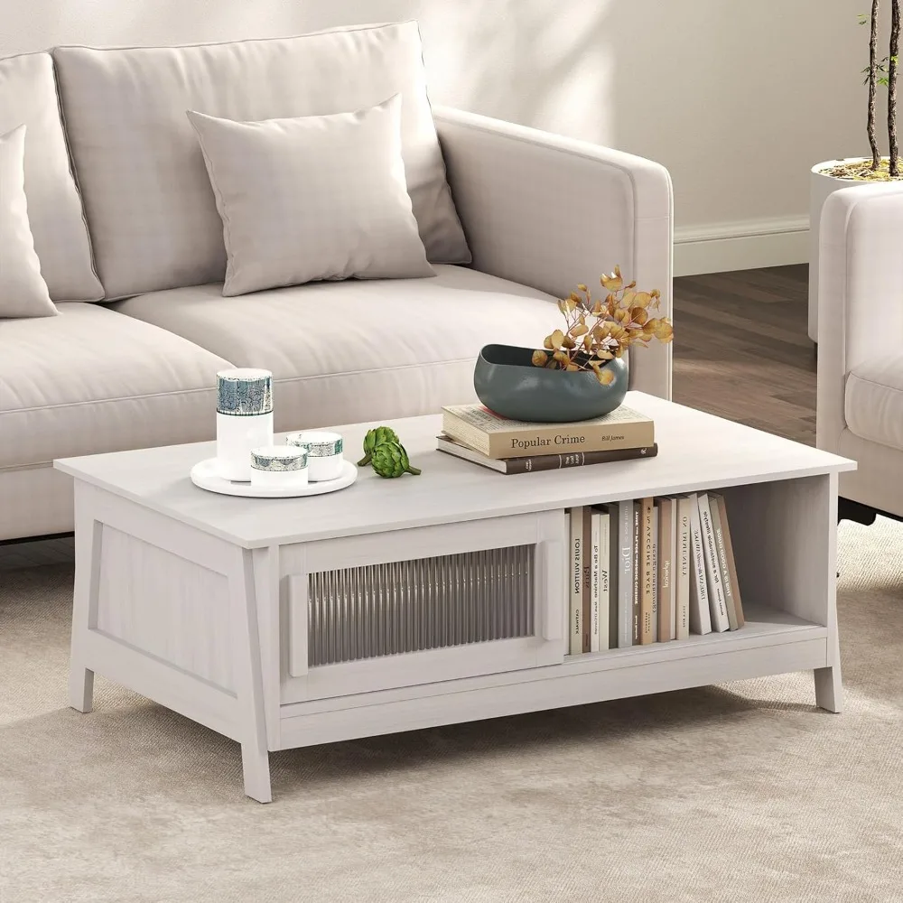 Coffee Table with Storage, Modern Coffee Table with Glass Sliding Doors for Living Room, White