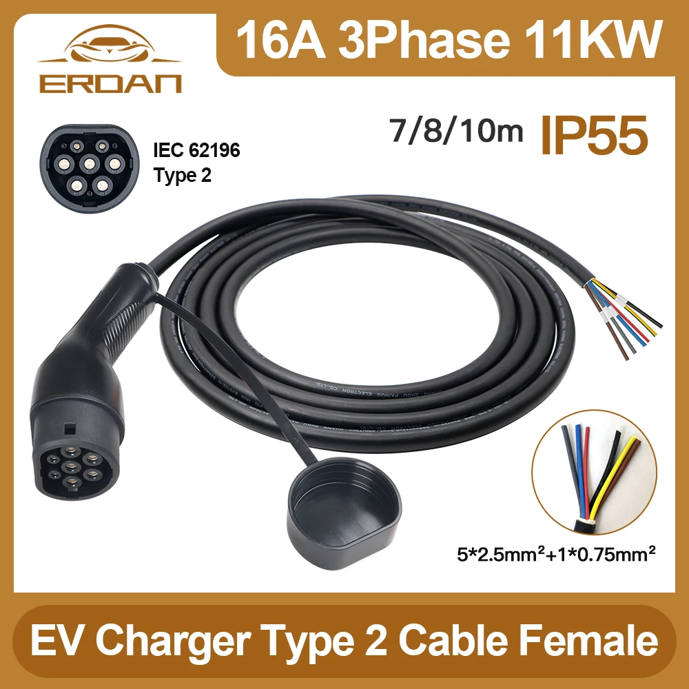 ERDAN 11KW Type 2 EV Charger Plug with Cable 16A 3Phase IEC62196-2 Cord for Electric Vehicle Charging Station