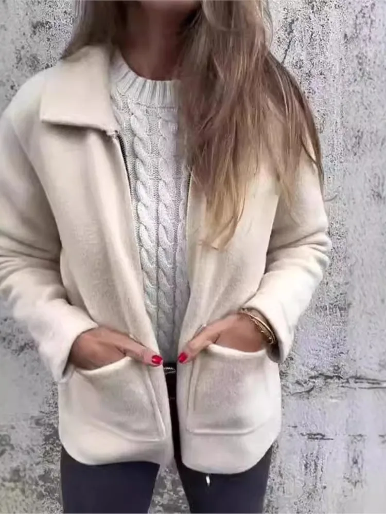 

Fashion Solid Jacket Coat For Women Casual Long Sleeve Turn-down Collar Pockets Zipper Jackets Coats Lady Streetwear Clothes New