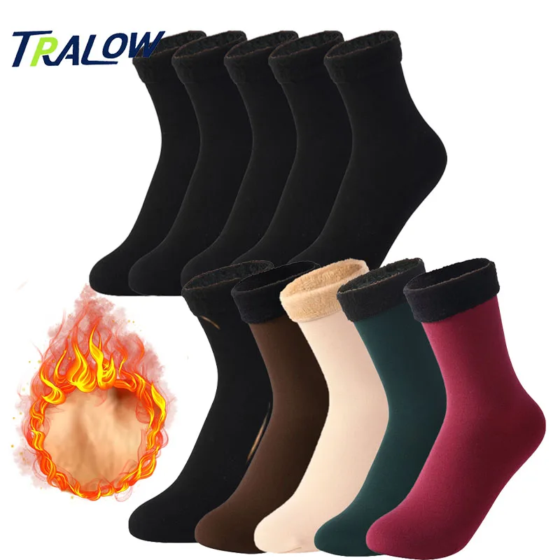 

TRALOW 5Pairs Autumn and winter socks Women's thick and Fleece Winter Warm Snow Commute Men's and Women's floor mid-tube socks