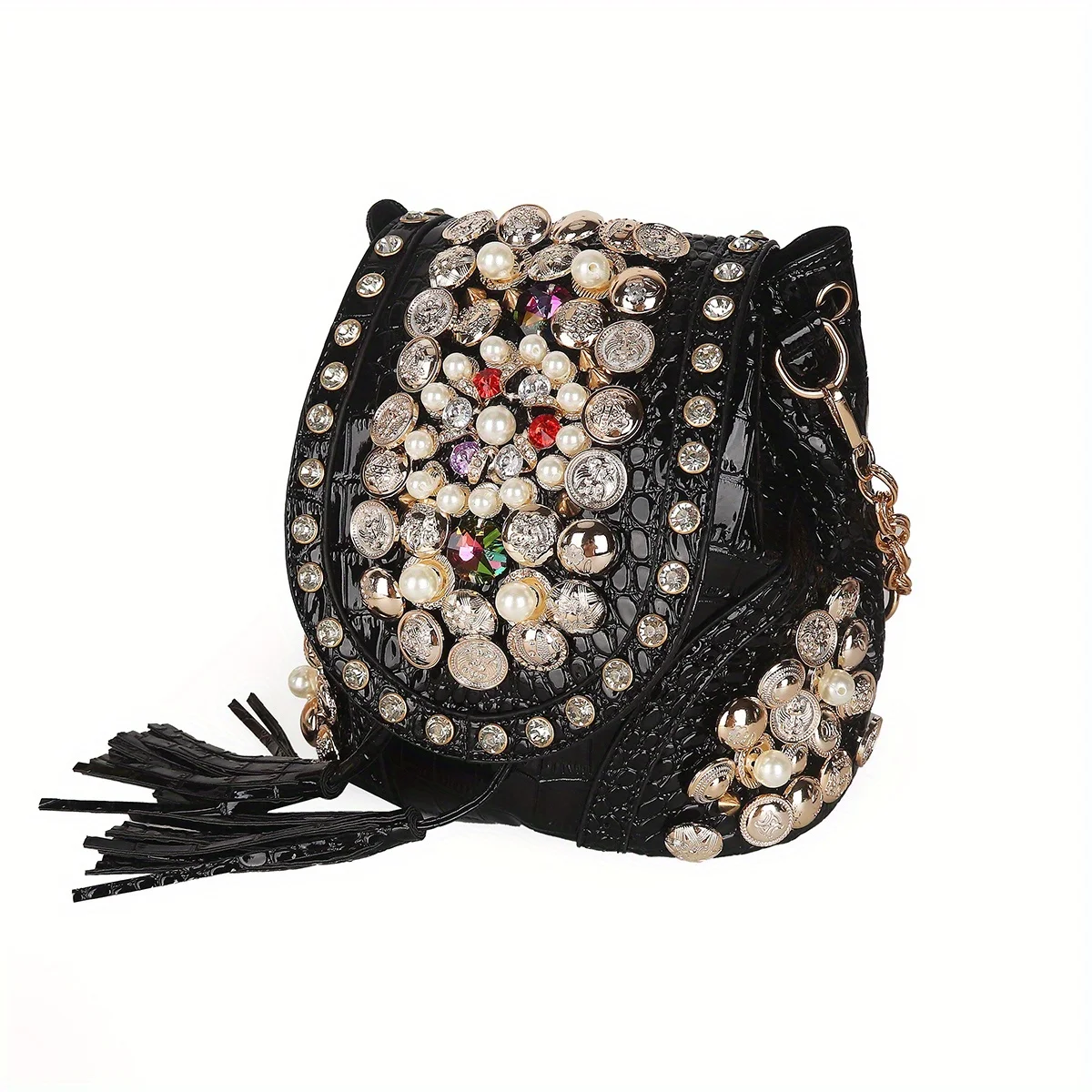 

Ladies' elegant black bucket bag, inlaid with rhinestones and pearls, crocodile pattern, multifunctional shoulder backpack