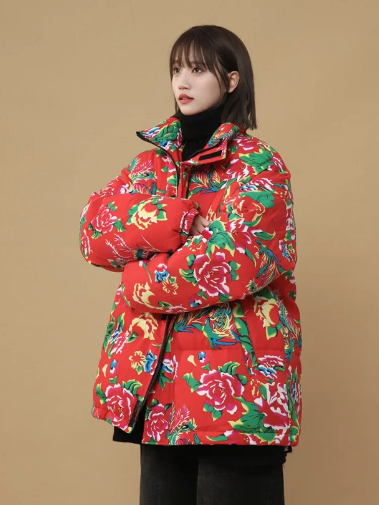 

Утепленная мужская пуховая куртка с крупным цветочным принтом, легкая, теплая зимняя куртка из пуха, парная верхняя одежда в стиле ретро, защита от холода