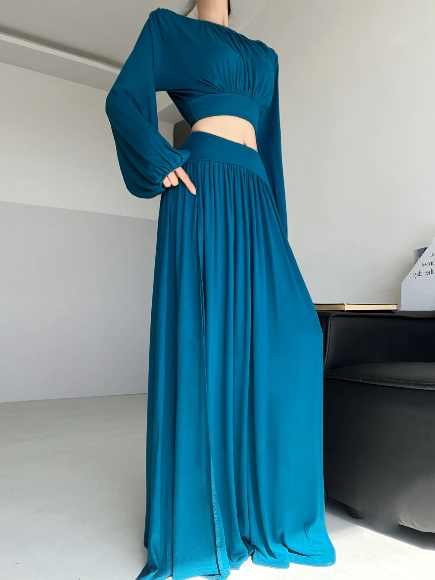 Ele Paars gebreide losse pasvorm Lantern Sve-set Midi-rok met hoge taille rond Ne Long Sve Casual werkkleding Faion-set