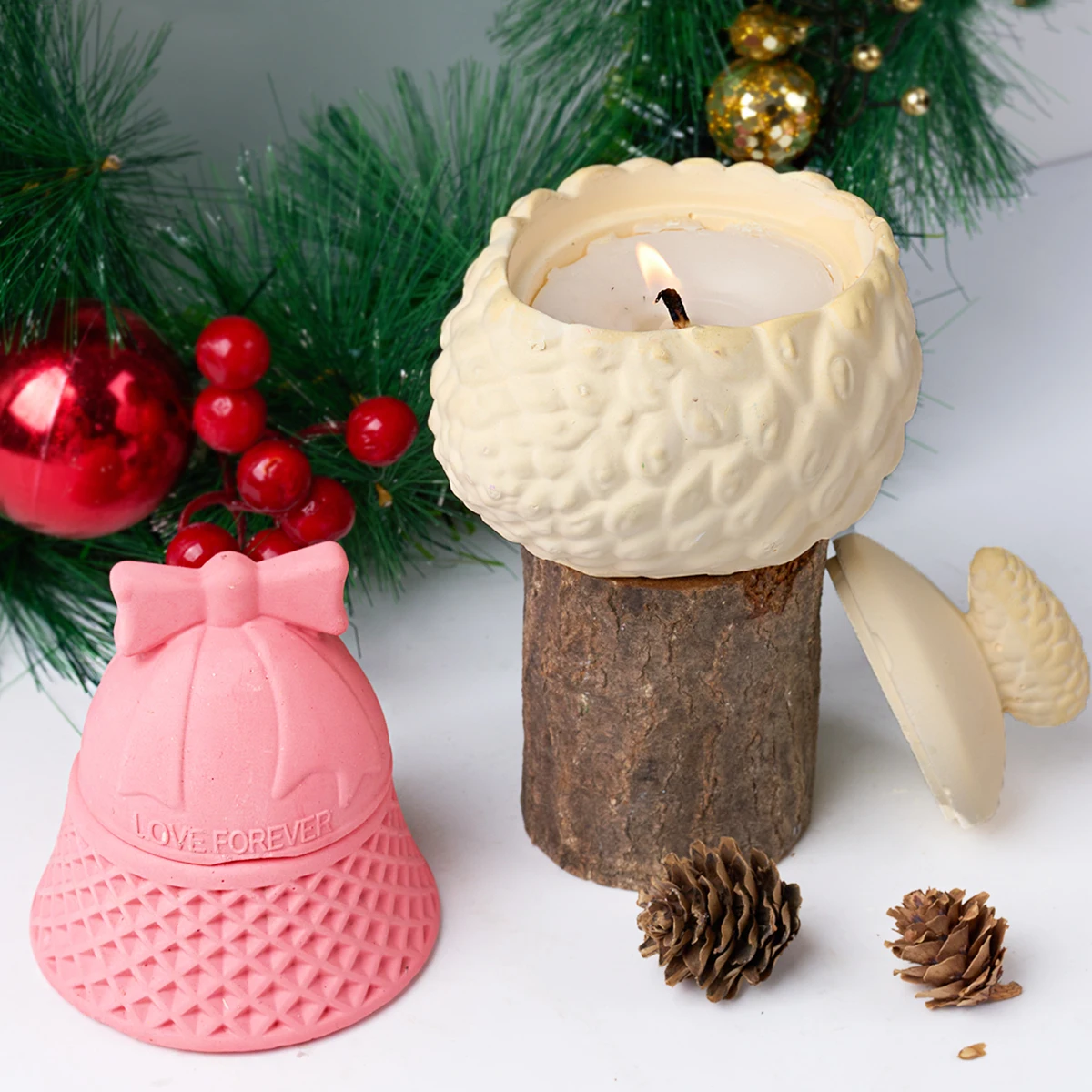 Santa Claus Bell Pine Cone Storage Box Silicone Mold DIY Candle Jar Gypsum 3D Craft Making Candle Holder Casting Mold Home Decor