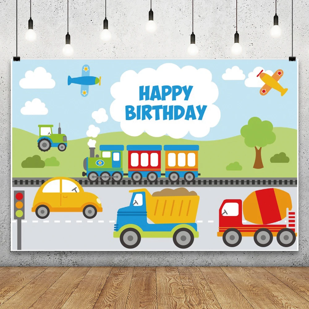 Cartoon Train Child's Birthday Photography Backdrop Traffic Signs Bunting Hot Air Balloon Baby Shower Kid Party Shoot Background