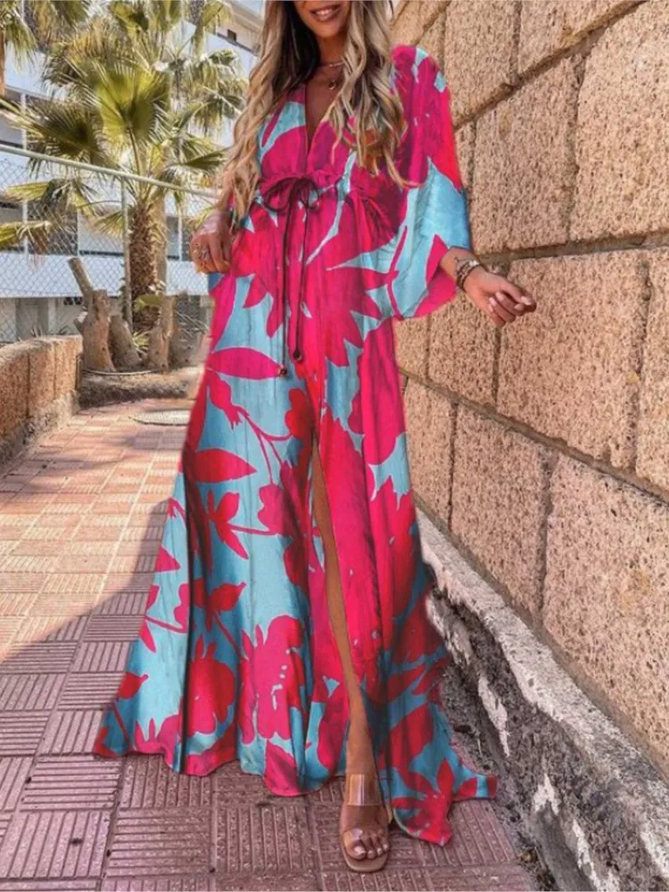 2024 Spring Summer Printed Long Dresses For Women Fashion V-neck Bohemian Beach Slit Dress Casual Vacation Ladies Maxi Vestidos