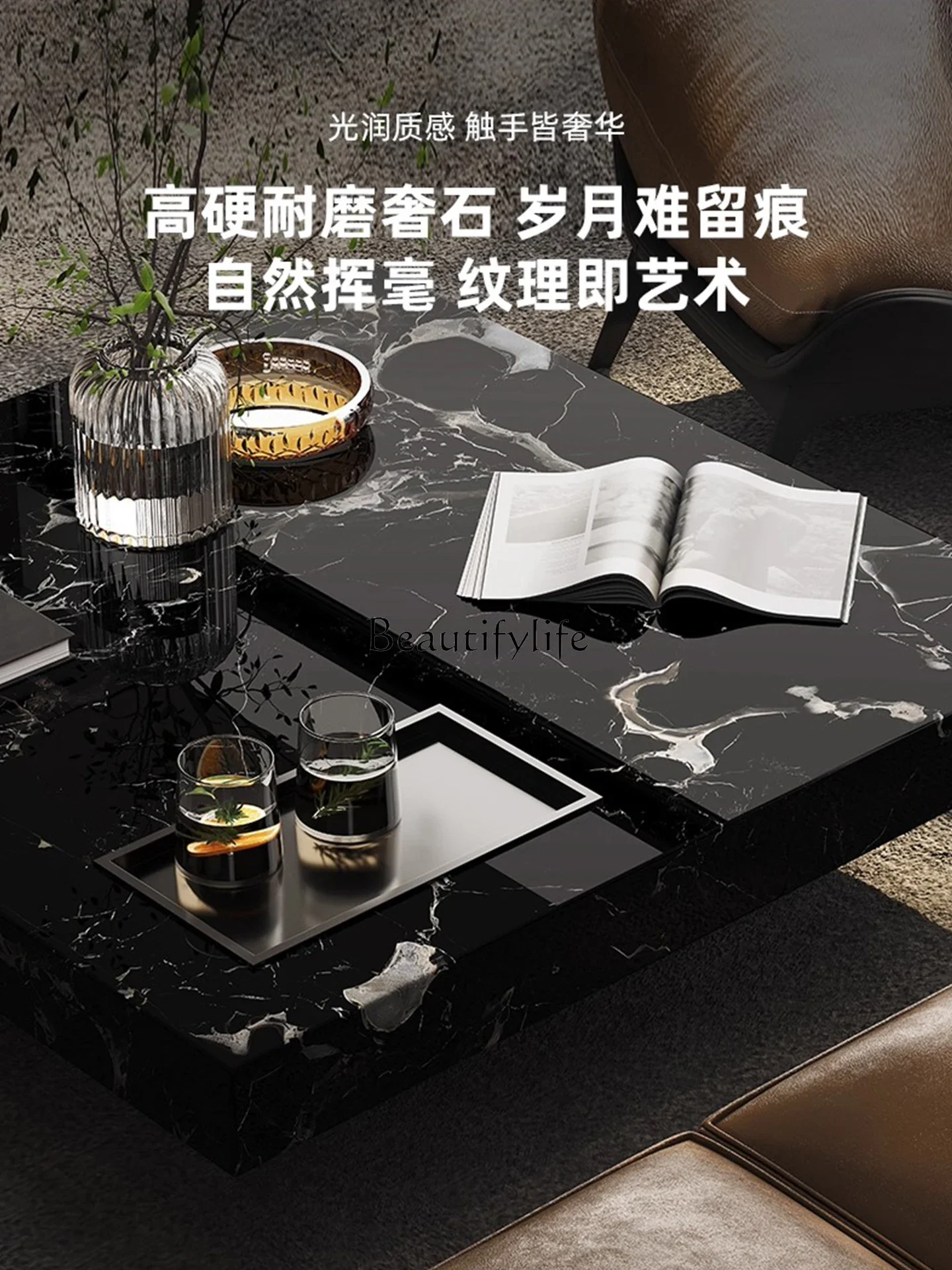 

yj32 Natural black rose Italian minimalist luxury stone coffee table for home use